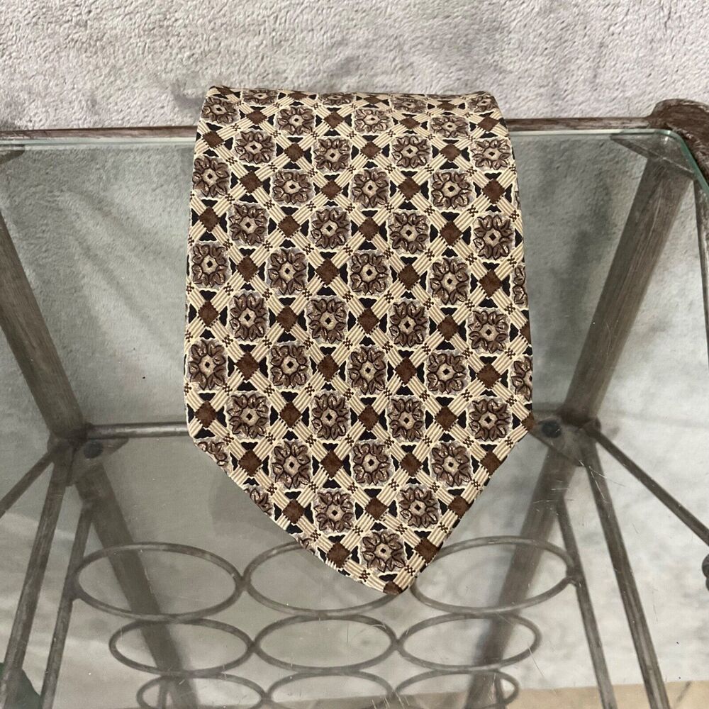 HENRY GRETHEL Men’s Italian silk tie Geo Aztec Pattern Browns Made in the USA